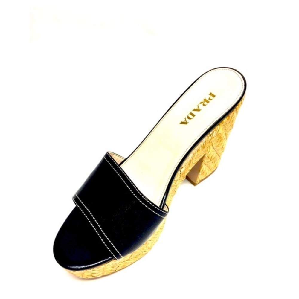 Prada Black Leather with Straw Platform Shoe Size 35 - Picture 3 of 8